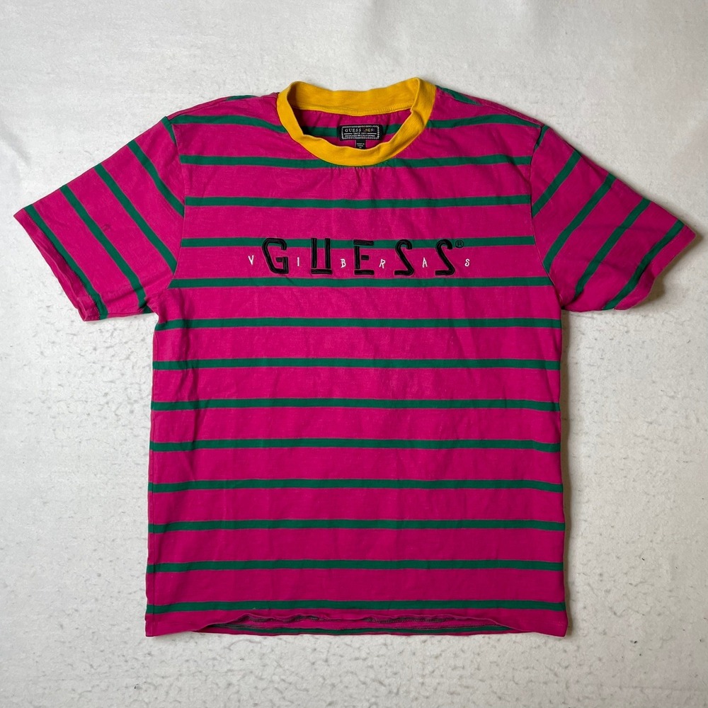 Guess x J. Balvin Striped T Shirt Pink Green‎ Yellow Collar Logo Size Medium